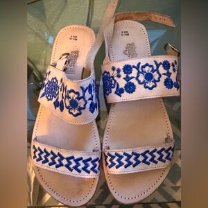 Blue and Tan Floral Embroidered Sandals. Talavera/Mexican/Mediterranean vibe.